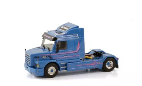 Blue diecast semi truck model with streamlined cab and black wheels