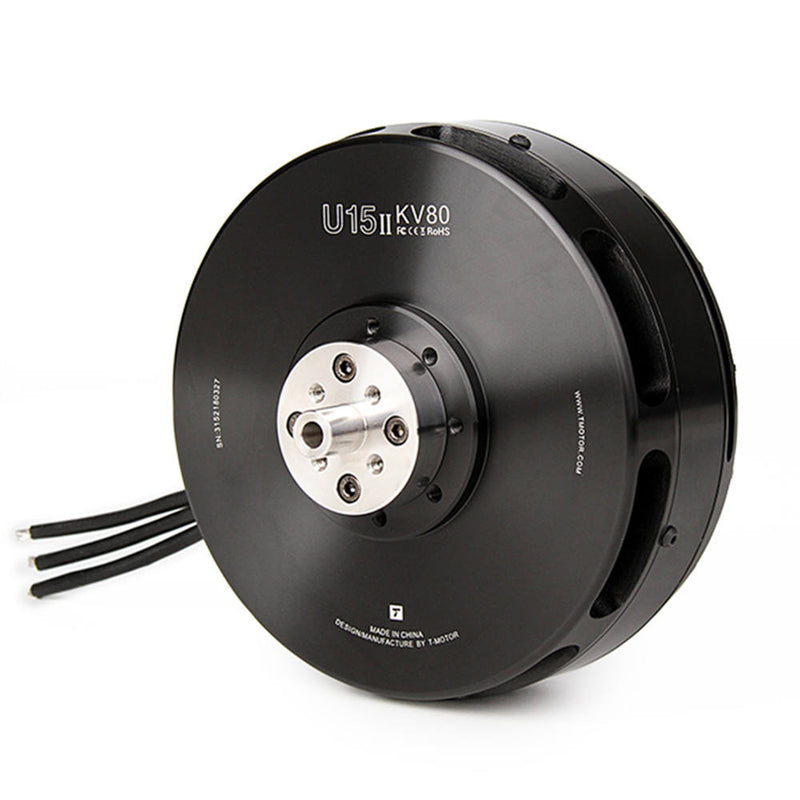 Black T-MOTOR U15II drone motor with circular housing, mounting plate, and wire leads