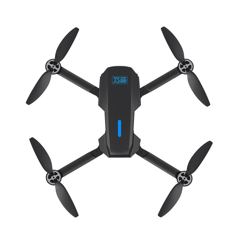 Foldable quadcopter drone with four propellers and central camera module, black