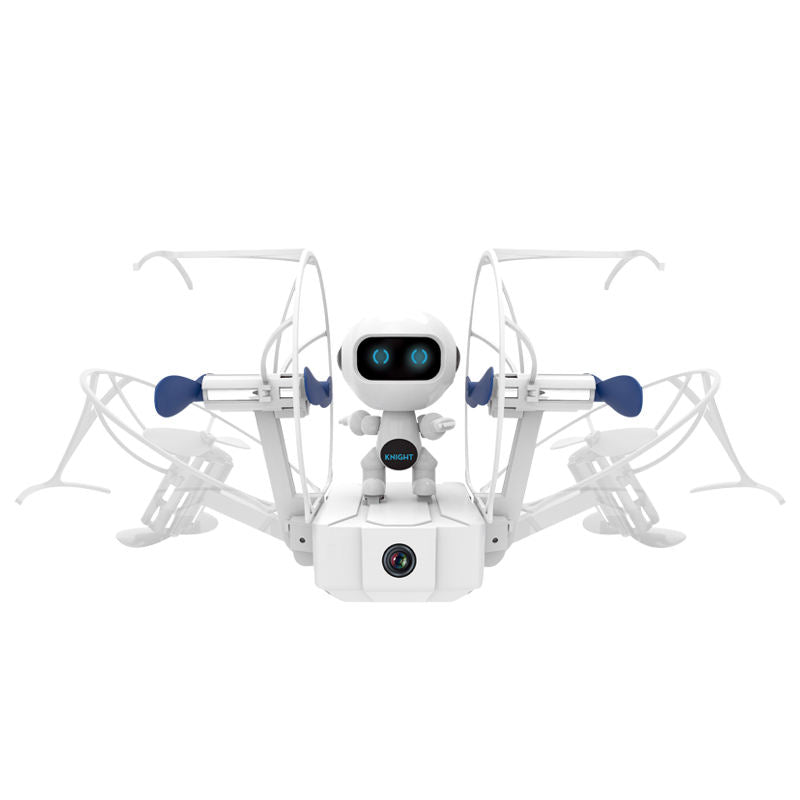 White foldable quadcopter toy drone with blue prop guards and front cameras