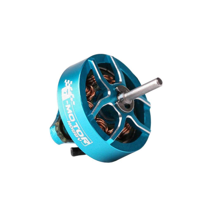 Blue brushless drone motor with silver shaft and exposed copper windings