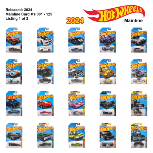 Hot Wheels 2024 mainline diecast car on long card, assorted designs