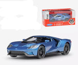 1:36 diecast Ford GT model car, blue with black accents, front 3/4 view