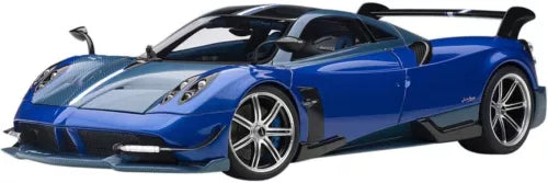Metallic blue diecast model sports car with front aero hood and silver wheels