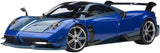 Metallic blue diecast model sports car with front aero hood and silver wheels
