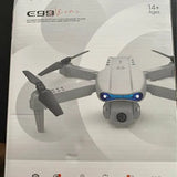 Gray camera drone with dual front propellers and blue LED lights