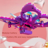 Purple butterfly-shaped quadcopter drone with LED lights and four propellers
