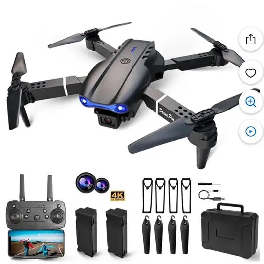 4K drone kit with quadcopter, remote controller, extra batteries and propellers