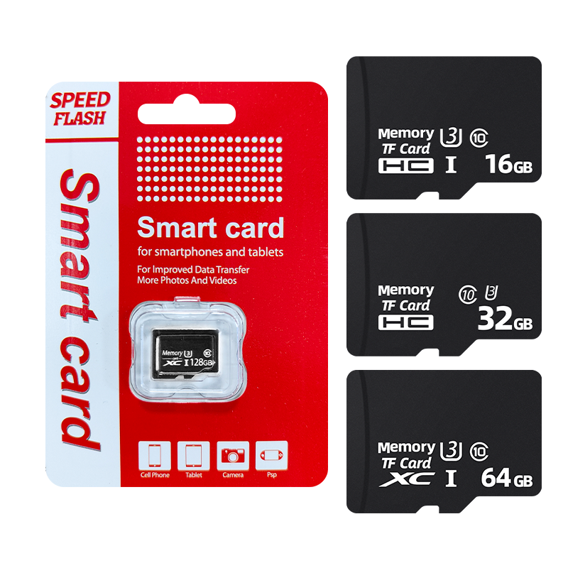 MicroSD memory card blister pack with microSD cards, red/black packaging, shows 16GB/32GB/64GB