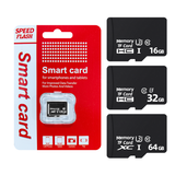 MicroSD memory card blister pack with microSD cards, red/black packaging, shows 16GB/32GB/64GB