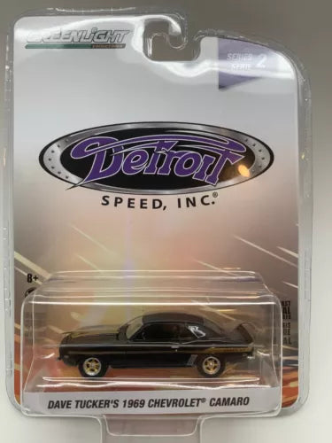 Black 1969 Camaro die-cast model with yellow wheels in retail blister pack