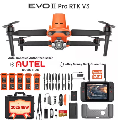 Orange quadcopter drone with front camera and four propeller arms, shown with controller kit