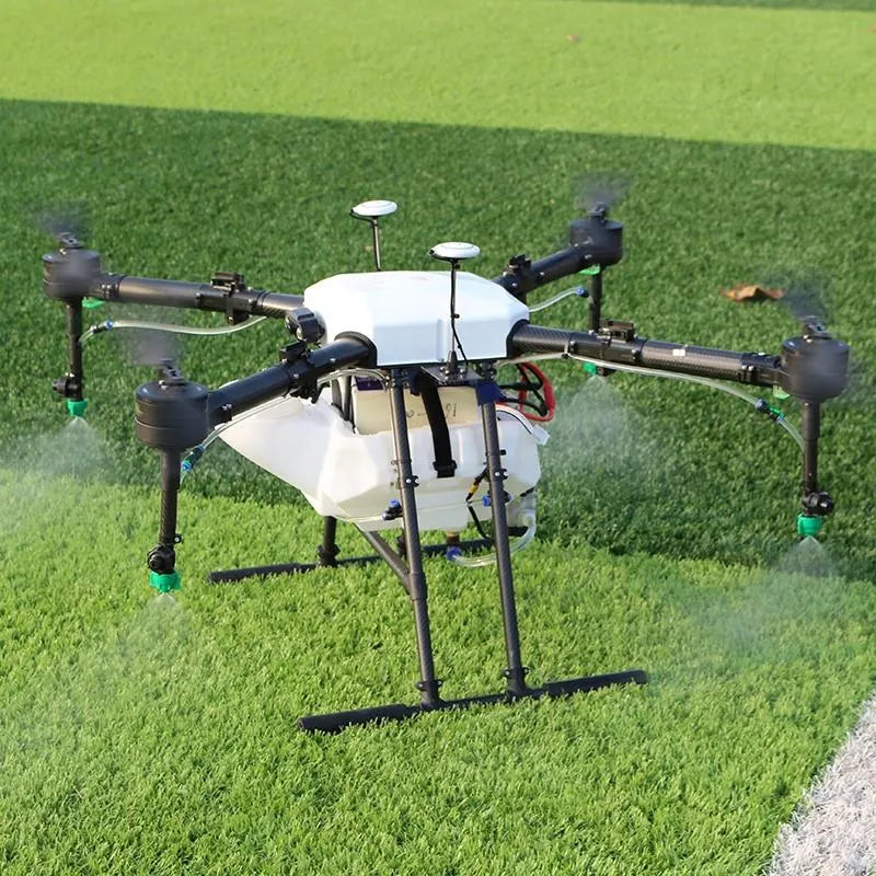 Agricultural spraying drone with four arms and central white tank, standing on legs