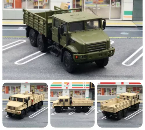 Green military truck diecast model car with cargo bed, 1:64 scale toy vehicle