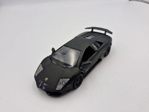 Black pull-back diecast sports car toy, front three-quarter view