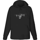 Adult hooded sweatshirt with dark color and small drone line-art graphic
