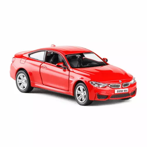 Red BMW M4 1:36 diecast model car with pull-back action, front 3/4 view, silver wheels