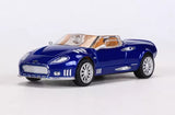 Blue diecast car model toy, front three-quarter view, silver wheels