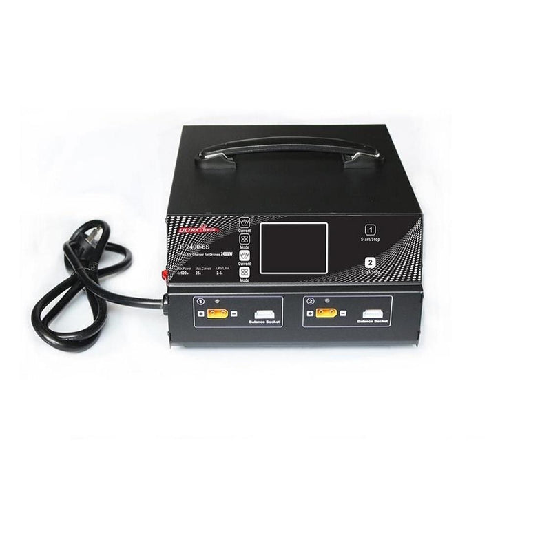 Black drone LiPo/LiHV battery charger with handle, LCD screen, and charging ports