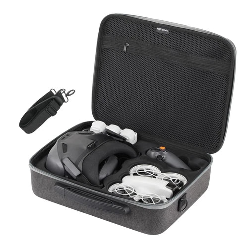 Neo Goggles N3 carrying case with mesh lid, holding black goggles and white cables