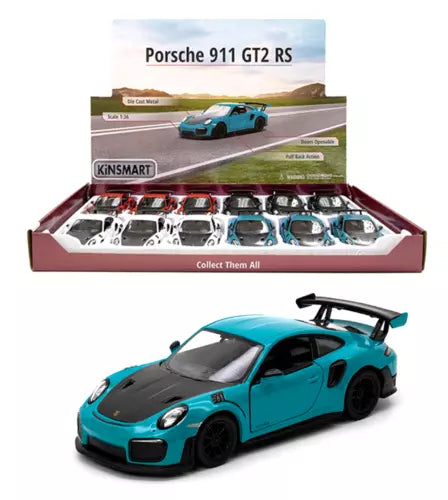 Teal diecast sports car model with black hood and front 3/4 view, pullback toy