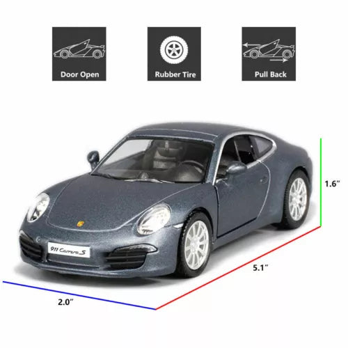 Gray 1/36 scale Porsche 911 Carrera S diecast model car, front 3/4 view, rolling wheels