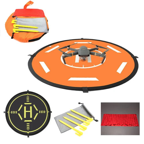 Orange foldable circular drone landing pad with carry bag and strap clips