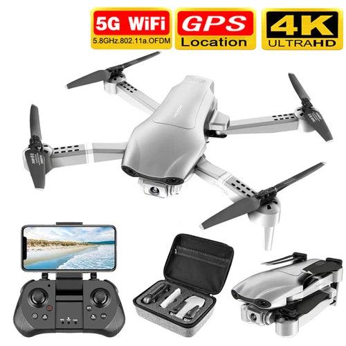 Foldable GPS FPV drone with gray body, camera, plus remote controller and carrying case