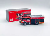 Red and blue diecast fire truck model with ladder, 1/64 scale