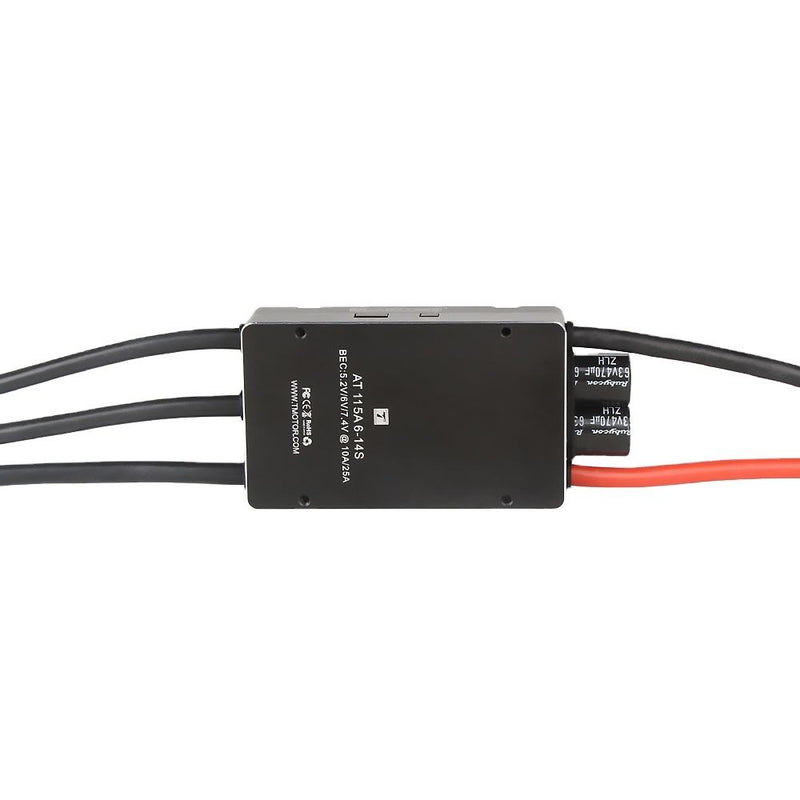 Black electronic power adapter module with printed label and attached cables