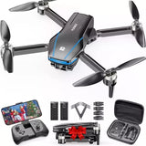 Foldable mini quadcopter drone with camera, black, blue accents, four propellers.