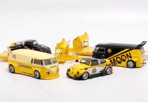 1:64 diecast VW toy cars with camper trailer, yellow and black with white details