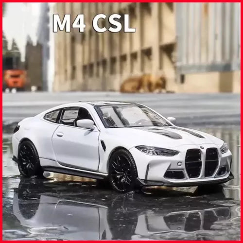White BMW M4 CSL diecast toy car, front 3/4 view with black wheels and grille