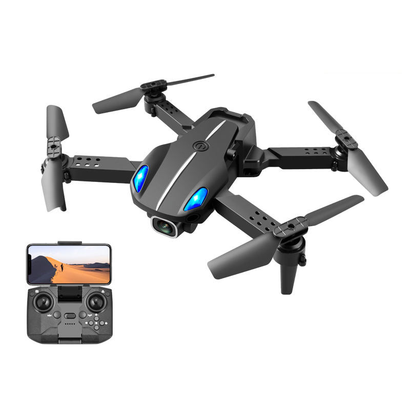 Mini quadcopter drone with dual camera and app controller, four propellers, dark gray