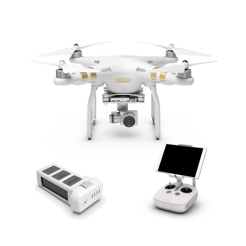 White quadcopter drone with camera gimbal, controller and battery pack