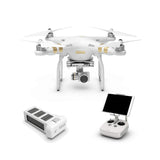 White quadcopter drone with camera gimbal, controller and battery pack