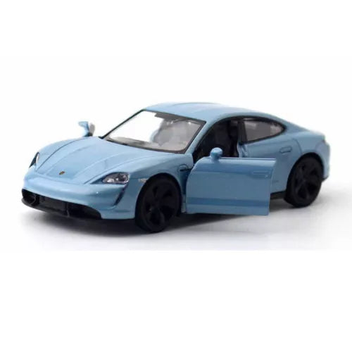 Light blue diecast model car with black wheels, detailed front view