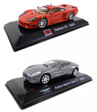 Diecast model car set: red Saleen S7 and gray Aston Martin One-77 on bases