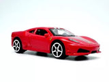 Red diecast model sports car with black hood and Ferrari shield on side