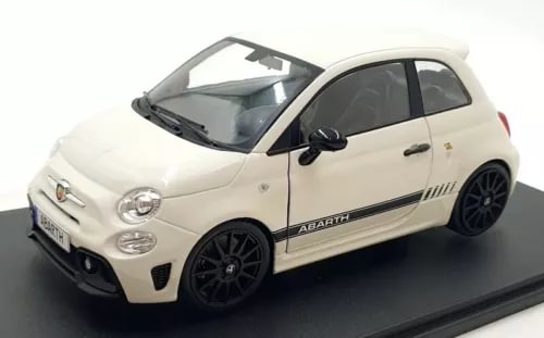 White 1:18 scale Abarth diecast car model with black wheels and side decals
