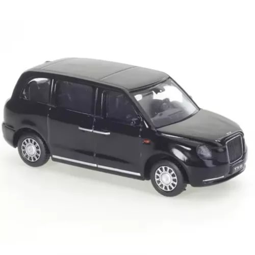 Black diecast London taxi model toy car, 1:64 scale, side front view