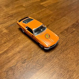 Orange 1970 Ford Mustang diecast model car, black hood stripes