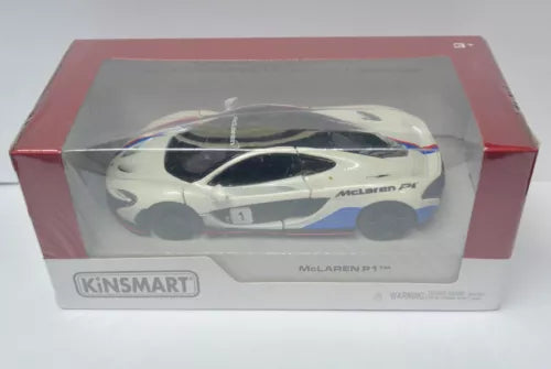 White diecast sports car with black hood and blue accents, in retail box.