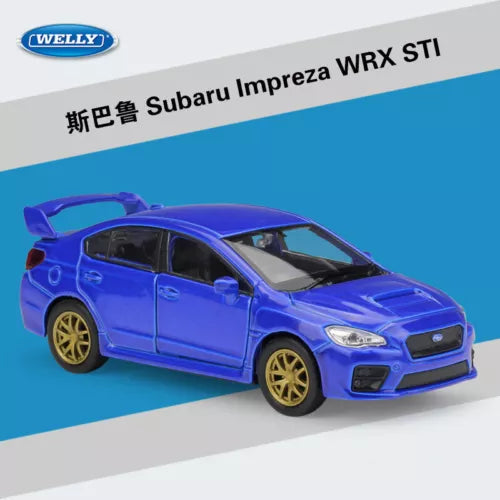 Blue Subaru Impreza WRX STI diecast pullback model car, front 3/4 view, Welly