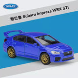 Blue Subaru Impreza WRX STI diecast pullback model car, front 3/4 view, Welly