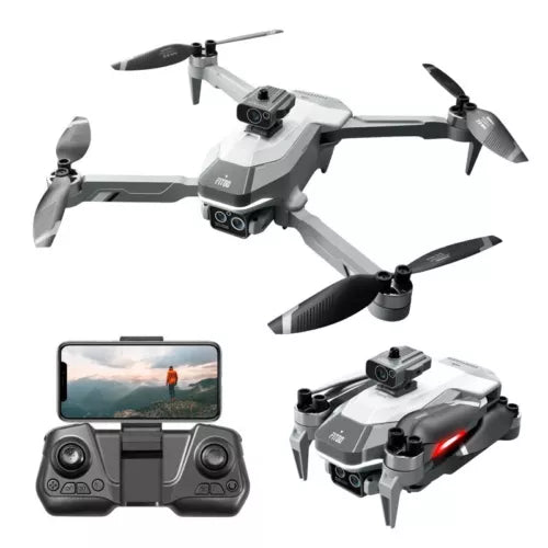White dual-camera quadcopter drone with 4 propellers and remote controller with screen