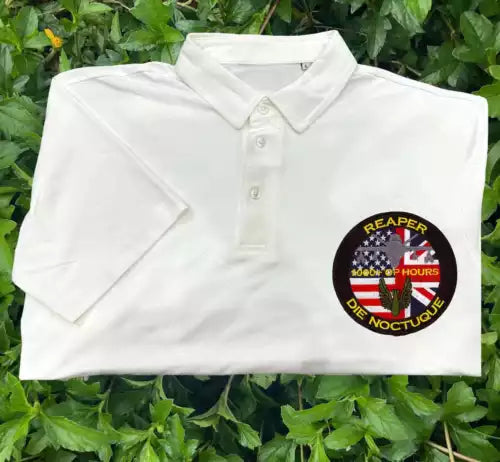 White polo shirt with embroidered round Reaper logo on chest