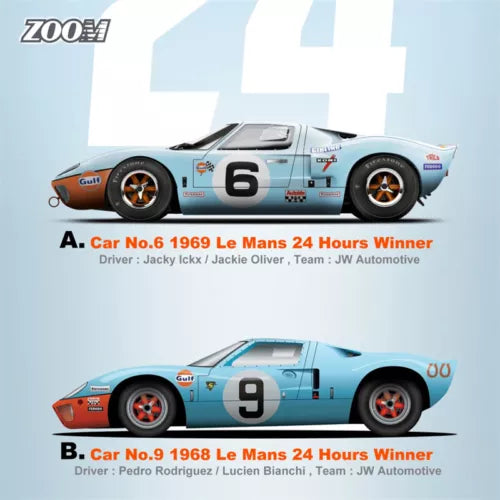 Gulf GT40 Mk1 diecast model car, blue with orange accents, #6 and #9