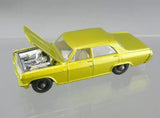 Vintage 1/64 diecast car with open hood, yellow-gold Opel Diplomat, die-cast details