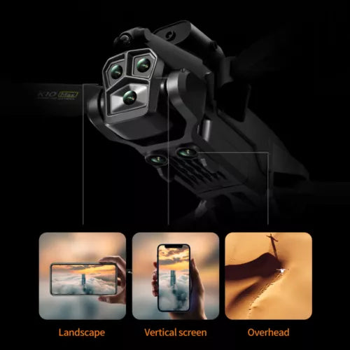 Foldable quadcopter drone with 4K camera and screen display modes: landscape, vertical, overhead.